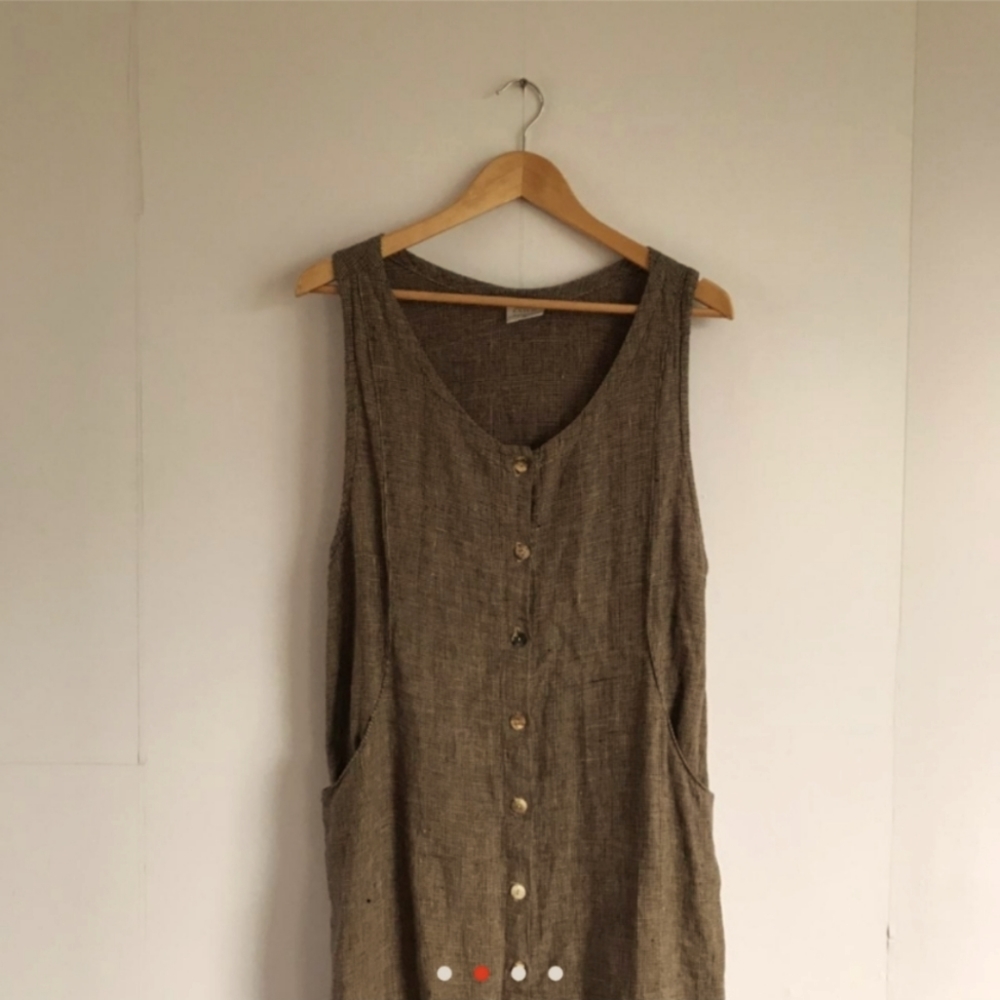 Vintage Brown Linen Checkered Maxi Dress (with pockets !)